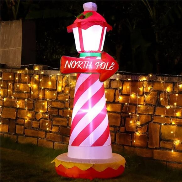 6FT Inflatable Xmas Lighthouse, Blow Up North Pole Sign with Built in LED Lights - Picture 1 of 6